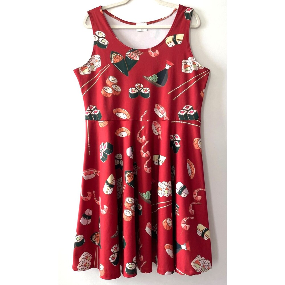 CowCow Women’s 3XL Red Sushi Print Sleeveless Fit & Flare Skater Dress